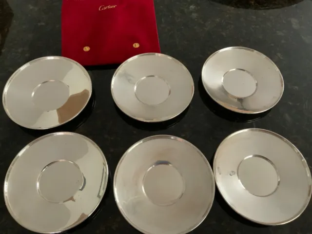 Six Cartier Sterling Silver Saucers/Nut Plates 4” back stamp + Pouch preowned