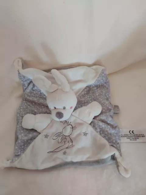 Doudou lapin plat blanc gris SIMBA TOYS NICOTOY KIABI étoiles argent tétine TBE