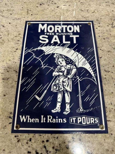 Metal Sign, Morton Salt “When it rains it pours” 12.5 inches by 13.5 inches