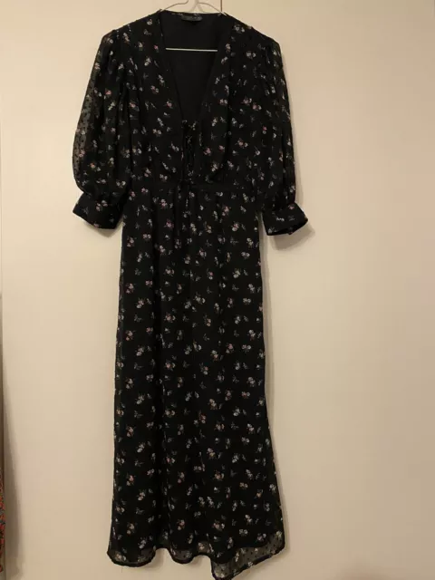 Topshop Floral Black Midi Dress Size 8 10 S Chiffon Lace Up Neck Lined Sleeves