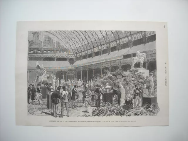 Gravure 1874. Salon. Vue D’ensemble Du Jardin De L’exposition De Sculpture.