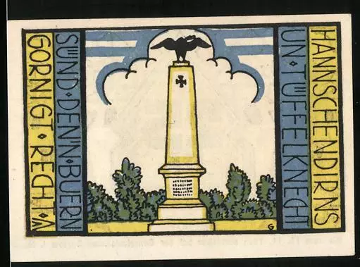 Notgeld Carlow 1921, 25 Pfennig, Hornbläser vor Ortspanorama, Kriegerdenkmal