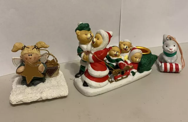 3 Christmas Ornaments Rabbit Vintage  Angel. Bear Santa Sled With Candle Holder.