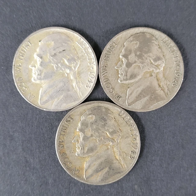 Lot Of 3 Jefferson Silver War Nickels. 1943-P, 1943-D And 1943-S. Lot#N2.