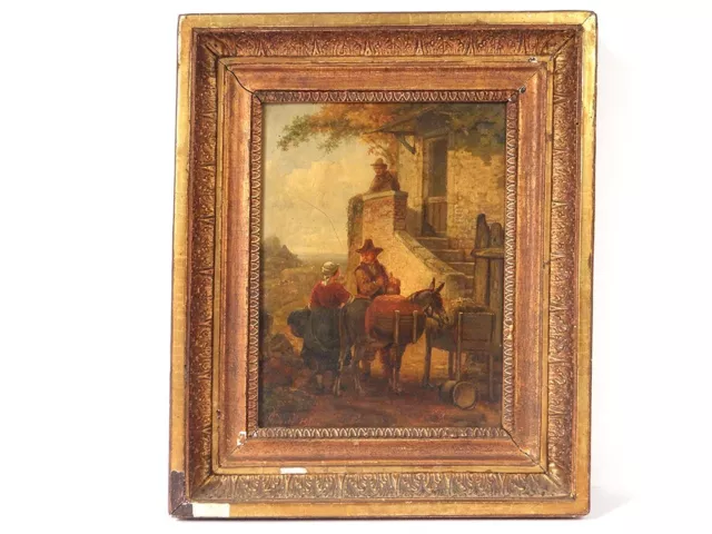 Hsp Gemälde Figuren Bauern Esel Farm Landschaft Block Éc. Belgisch 19. Jhd.