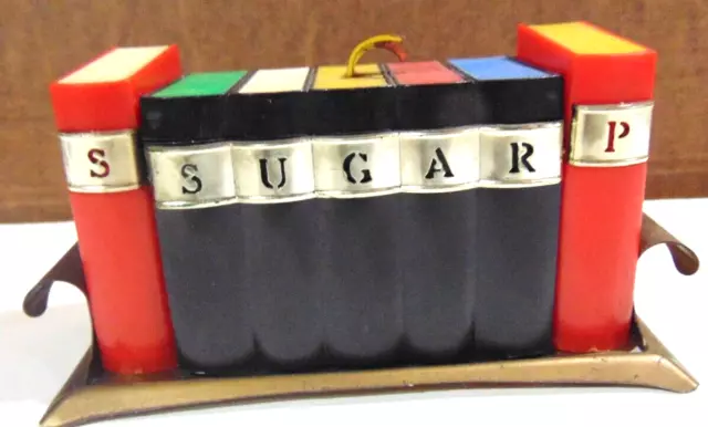 Cute Very Rare Vtg. Plastic Books Salt & Pepper & Sugar Bowl On Brass Metal Tray