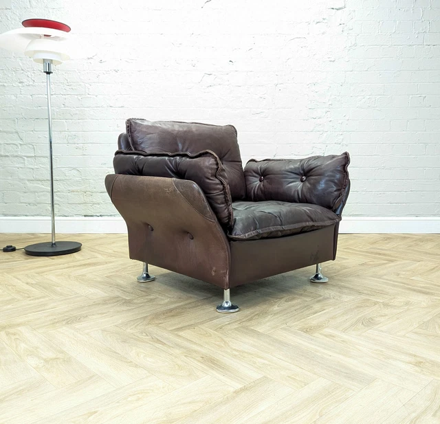 Mid-Century Vintage Swedish Dark Burgundy Leather & Chrome Lounge Armchair 1970s