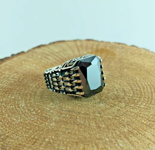 925 Sterling Silver Handmade Men's Ring with Square Shape Black Onyx Stone