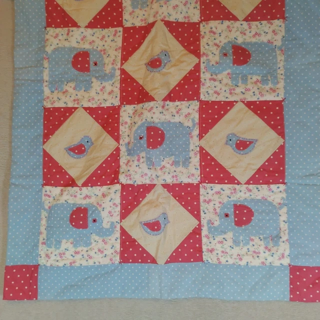 Handgefertigte Shabby Chic rosa blau Elefant Vogel gesteppte Bettdecke 28,5 x 41,5" einzigartig!