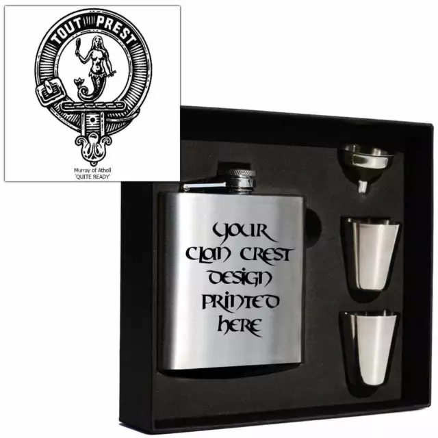 Art Pewter Murray Clan Crest 6oz Hip Flask Box Set (s) HF6 S-C89 Scottish