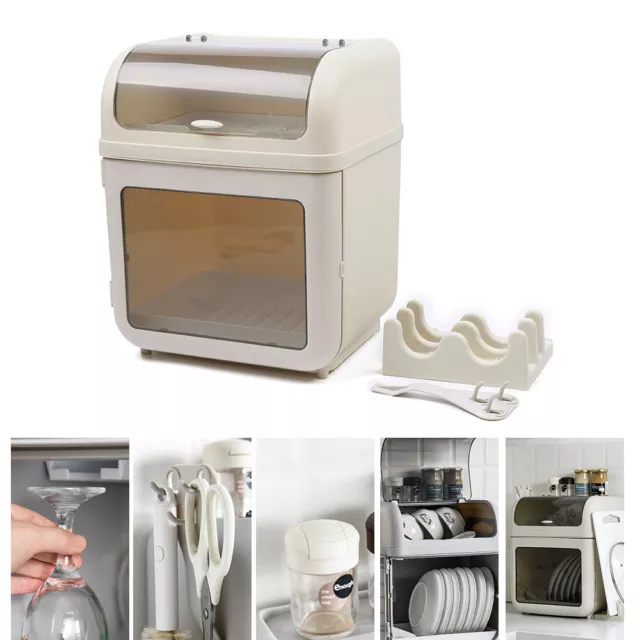 Covered Kitchen Dish Drying Case Plastic Dustproof Drain Storage Box Basket Rack