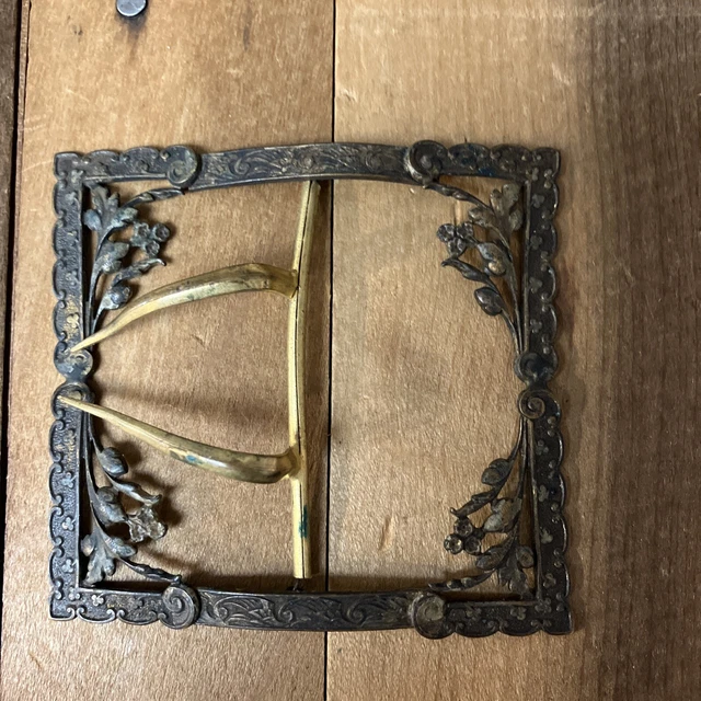 Antique Belt Buckle Sash Scarf Clip Repousse Victorian Floral 2.75" Art Nouveau