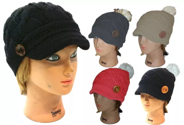 Ladies Winter Knit Cap Beanie Women Ski Knit Beanie Visor Cap Hat with Button