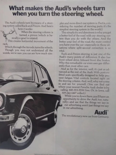 Audi Print Ad Original Vintage 1970s New Rack and Pinion Steering
