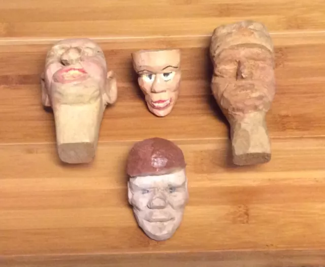 4 Vintage Ooak Hand Carved Folk Art Wooden Men Doll Heads 3-2” 2 1/2” Miniature