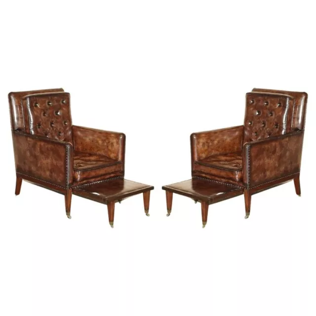 Pair Of Antique Regency  Brown Leather Chesterfield Armchairs Extending Stools