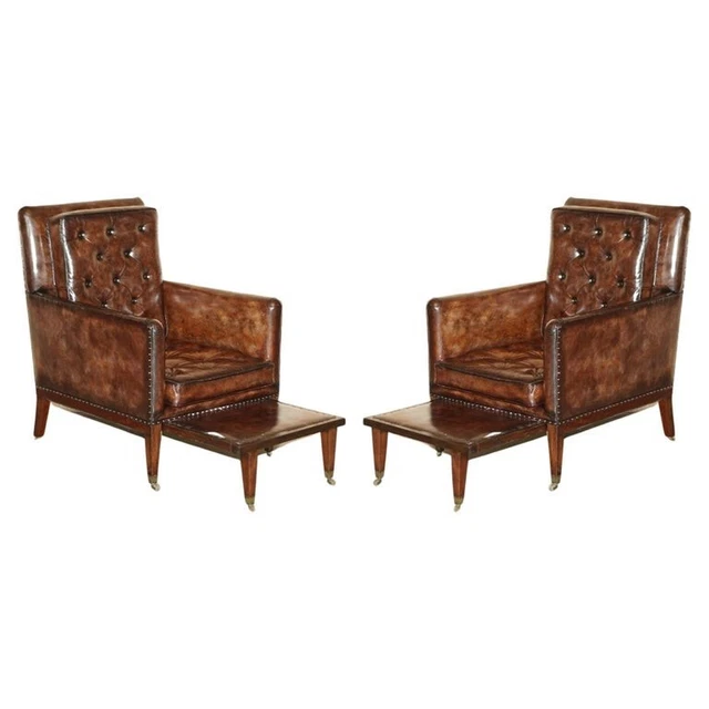 Pair Of Antique Regency  Brown Leather Chesterfield Armchairs Extending Stools