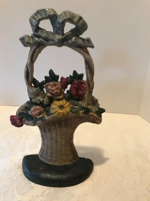 Vintage Marked Hubley Cast Iron Doorstop French Flower Basket w Bow 10 3/4” tall