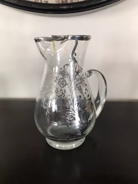 Vtg Sterling Silver Overlay on Clear Glass Floral Pitcher w/Ice Lip