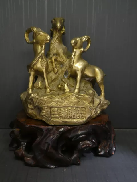 Old Asian Chinese Brass Statue Wild Mountain Goats On Carved Wooden Base