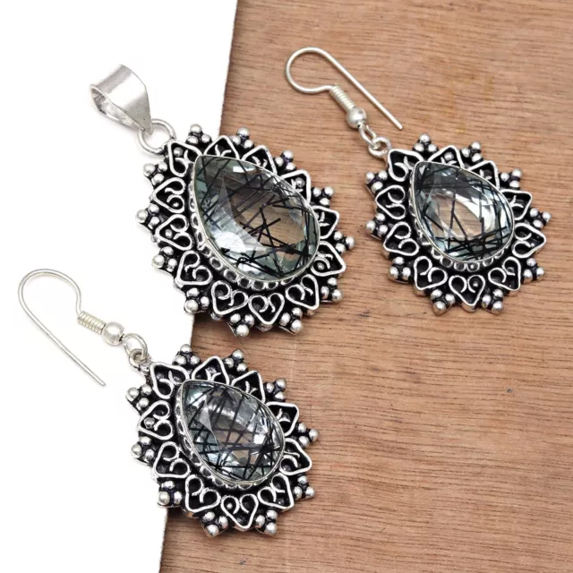 Black Rutile Set Silver Pendant 925 Jewelry EarRings 18-22'' Gemstone Handmade