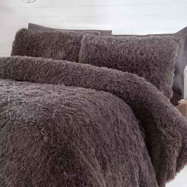 Fluffy Faux Fur Duvet Cover Set Warm Snuggle Shaggy Warm Feel - SINGLE - GREY