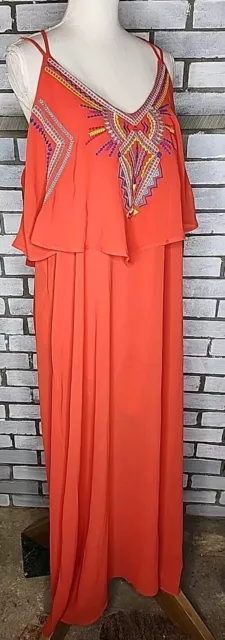 Xhilaration Womens Tank Shift Maxi Dress Sz XXL Bright Orangish Red Embroidered