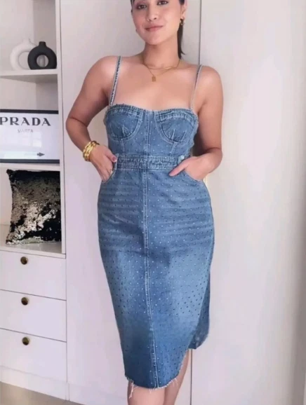 denim corset dress zara ZARA BLUE STUDDED Denim Bustier Corset Dress Size XS Midi Denim Dress  £40.22