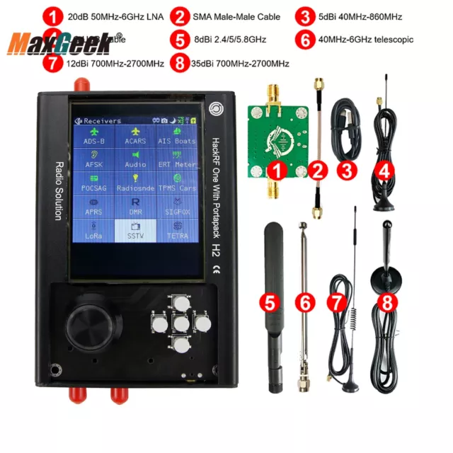 1MHz-6GHz HackRF One R9 V1.8.x Portapack H2 SDR Radio+LNA SMA Cable Antennas USB
