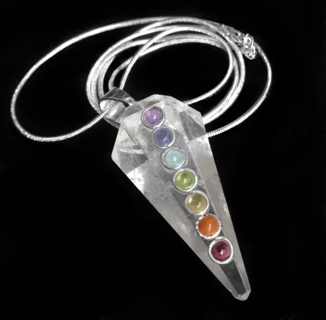Clear Quartz Crystal Point 7 Chakra Stone Silver Pendant Necklace Reiki Healing