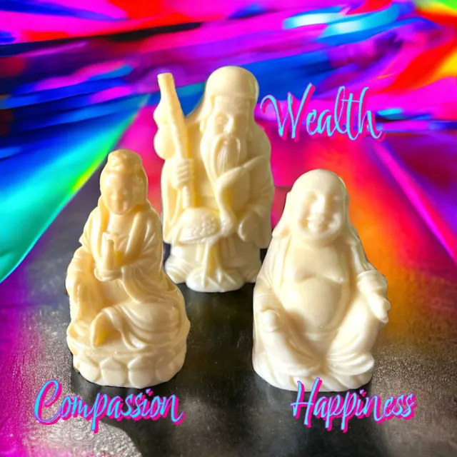 Vintage Hand Carved Chinese Budah Statues Wealth, Compassion, Happiness