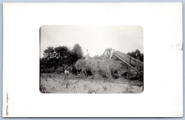 Postcard RPPC Farm Harvesting Hay Wagon Horse Team Threshing Boy R24
