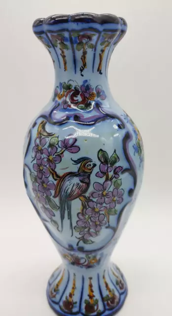 Vntg Portuguese Pottery Bird &Flowers Hand Painted Vase made in Portugal-signed