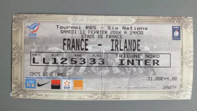Ticket - Billet De Rugby - France Irlande - Six Nations - 11 Fevrier 2006