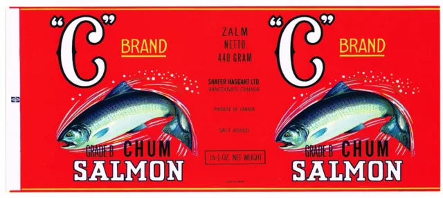 Original Tin Can Label Vintage Salmon "C" Brand Vancouver Canada 1960S Red