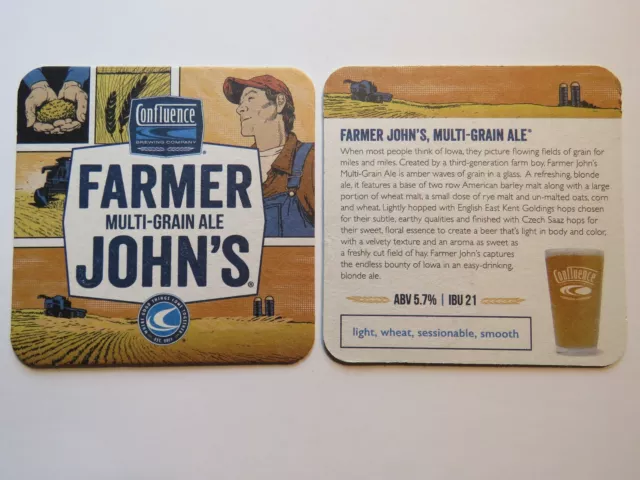 Beer Coaster ~ ~ CONFLUENCE Brewing Co Farmer John's Grain Ale ~ IOWA Since 2012