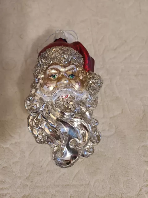 Creative Co-op Santa Claus Head Blown Glass Christmas Tree Ornament silver