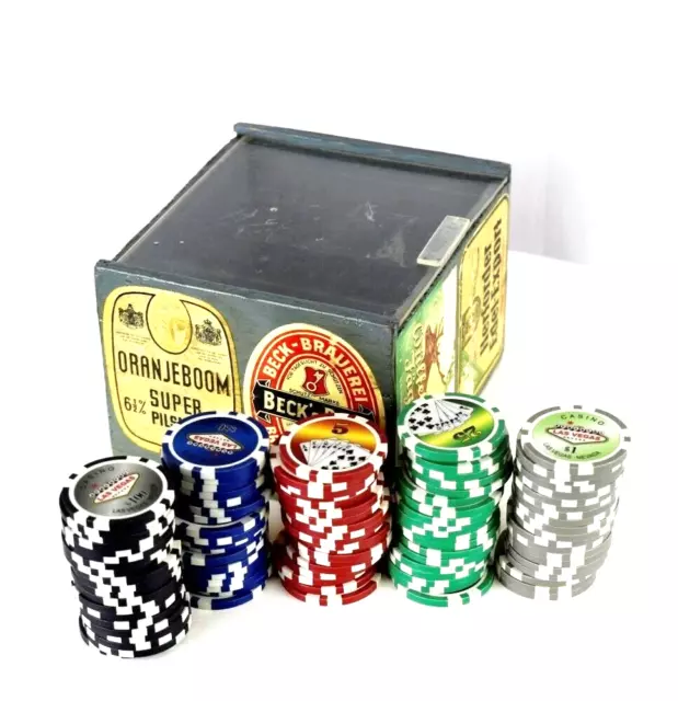Vintage Beer Label Poker Chip Holder Homemade Painted Box Adorned with Labels