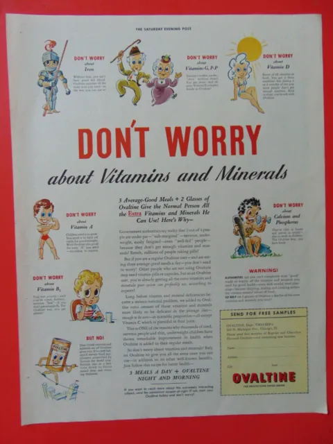 1943 OVALTINE DON'T WORRY about Vitamins and Minerals photo art print ad