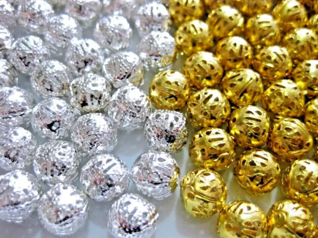 30 Metall-Perlen Filigran Spacer rund ca.10mm gold silber Basteln Schmuck A56.1E