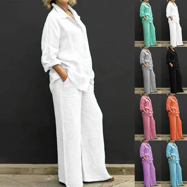 Set pantaloni dritti sciolti e camicetta monocolore da donna revers shirt abito per il tempo libero
