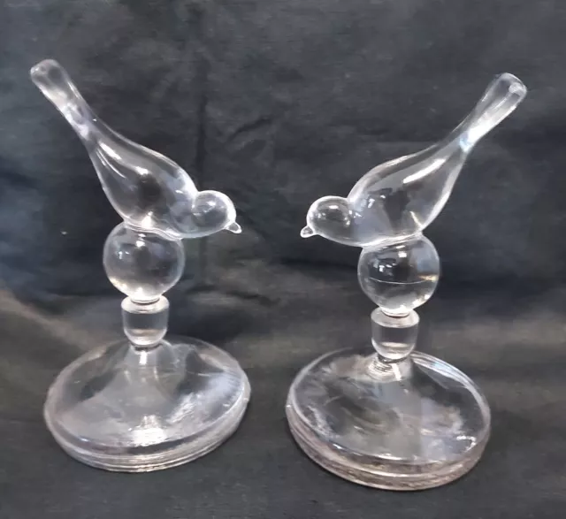 Vintage Set of 2 Clear Glass Figurine Birds Sparrows Head Down, 4" t EUC