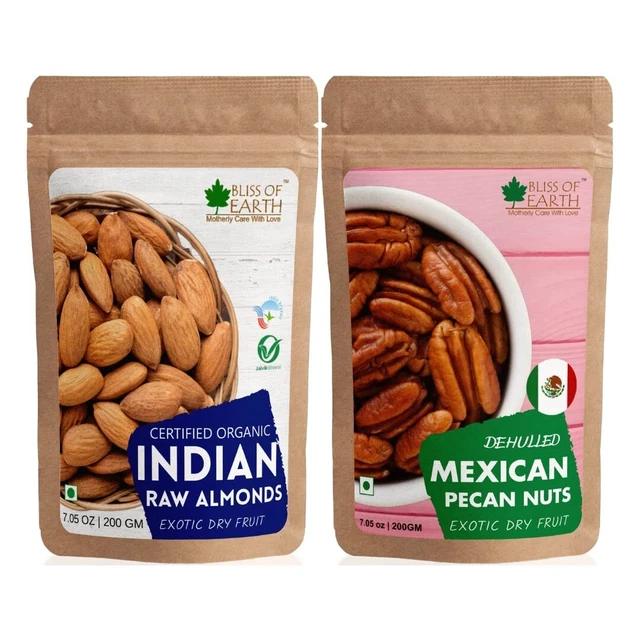 Mandorle biologiche e naturali Badam & noci pecan messicane croccanti e gustose 200 g
