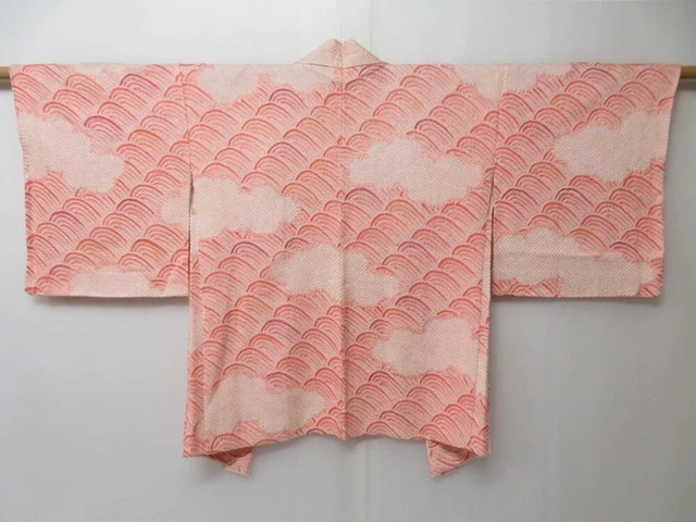 2213T04z490  Japanese Kimono Silk SHIBORI HAORI Wave Pink