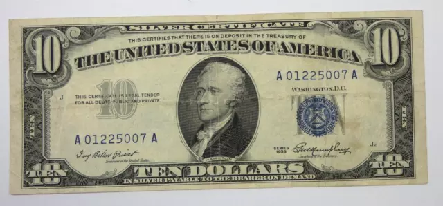 Series 1953 $10 Blue Seal Silver Certificate Note FINE+ Fr#1706 Problem Free