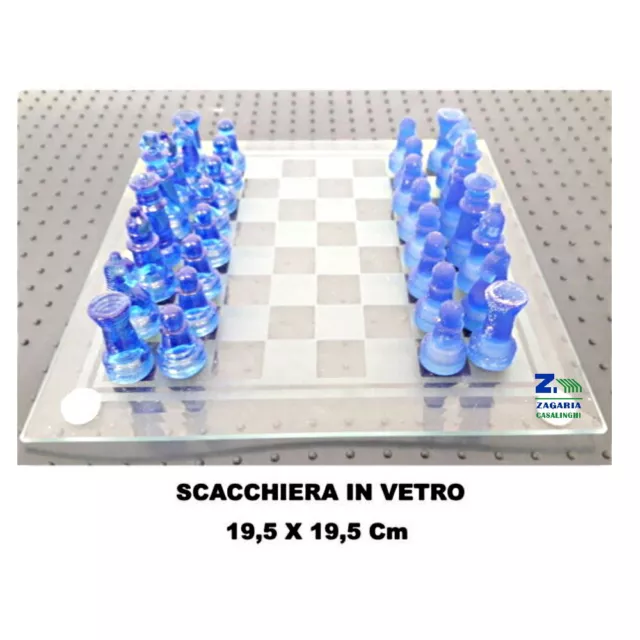 Scacchi Scacchiera Base In Vetro Pedine Lucide E Satinate Blu Cm 19,5 X 19,5