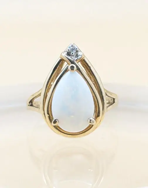10K SOLID YELLOW Gold Pear Opal Lady's Diamond Accent Split Shank Ring ...
