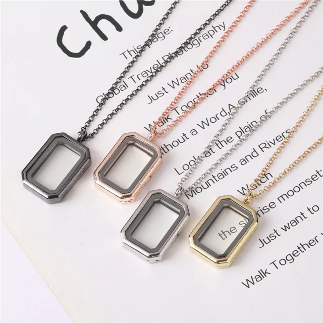 Living Memory Floating Charm rectangular Crystal Glass Locket Pendant Necklace