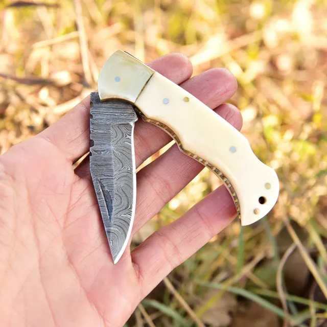 Handmade Damascus Knives Folding Blade Pocket Knife Lock-back Camel Bone Handle