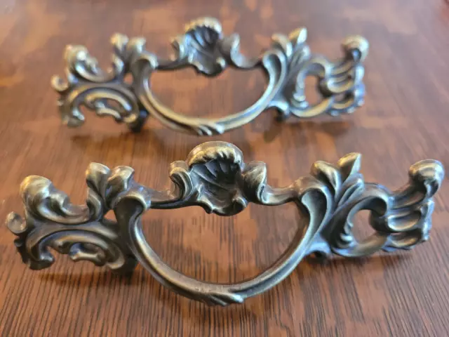 2 Vintage Brass Drawer Pulls Ornate 5" Long Curvy Heavy 2.5" Center